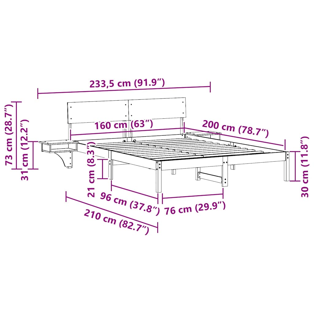 Bettgestell mit Nachttischen Braun Massivholz Kiefer